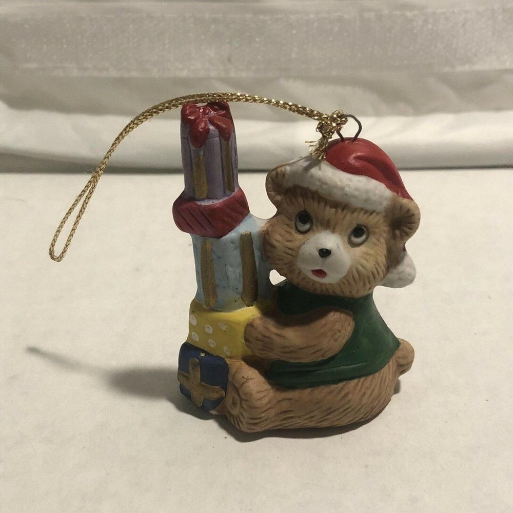 Teddy Bear With Santa Hat Holding Presents Ornament Porcelain Bisque Unbranded